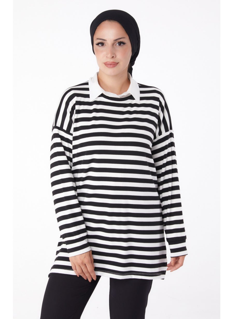 Plain Crew Neck Women's Black Striped Sweat - 26244