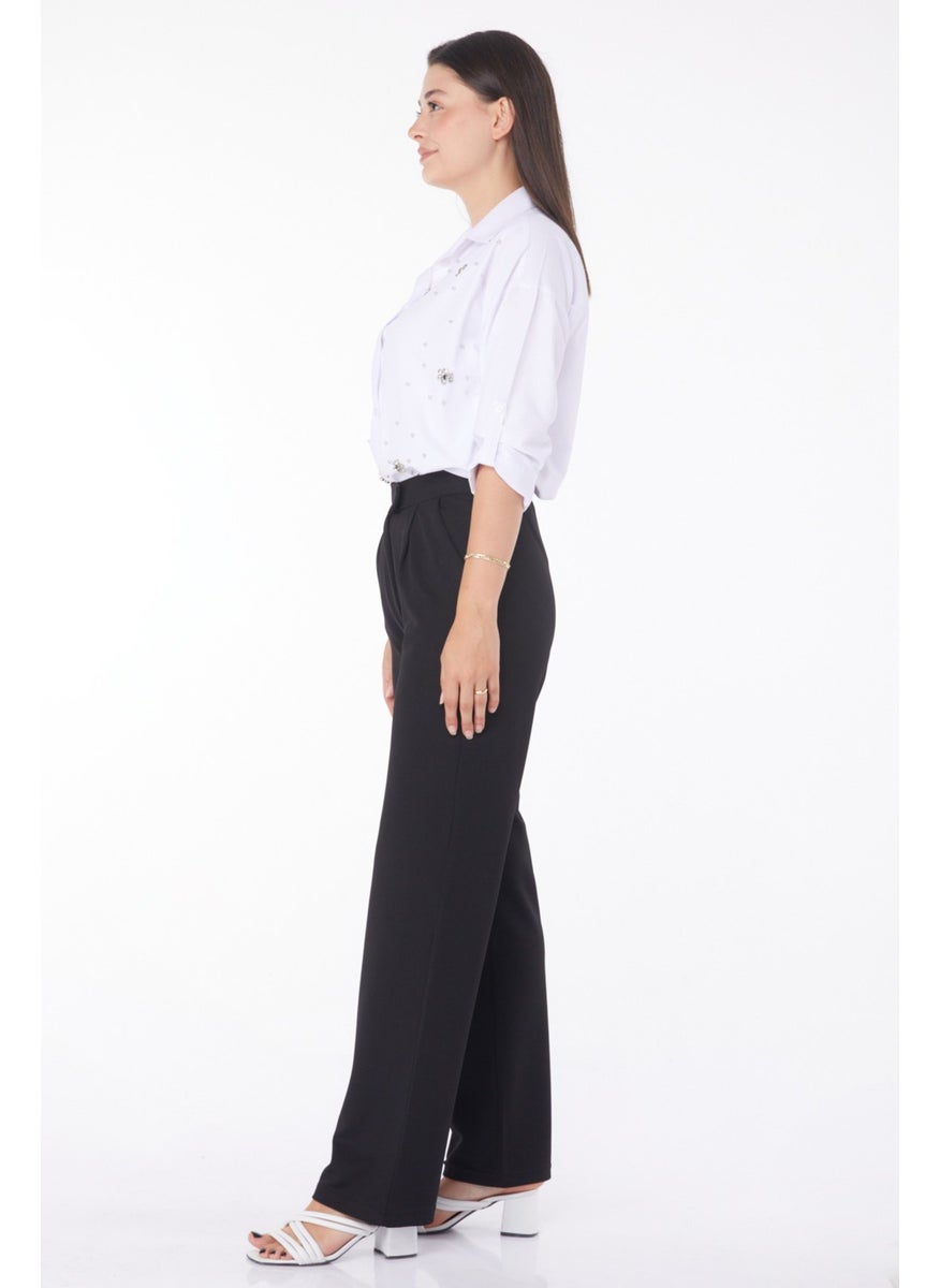 Plain Mid Women's Black Velcro Trousers - 25657