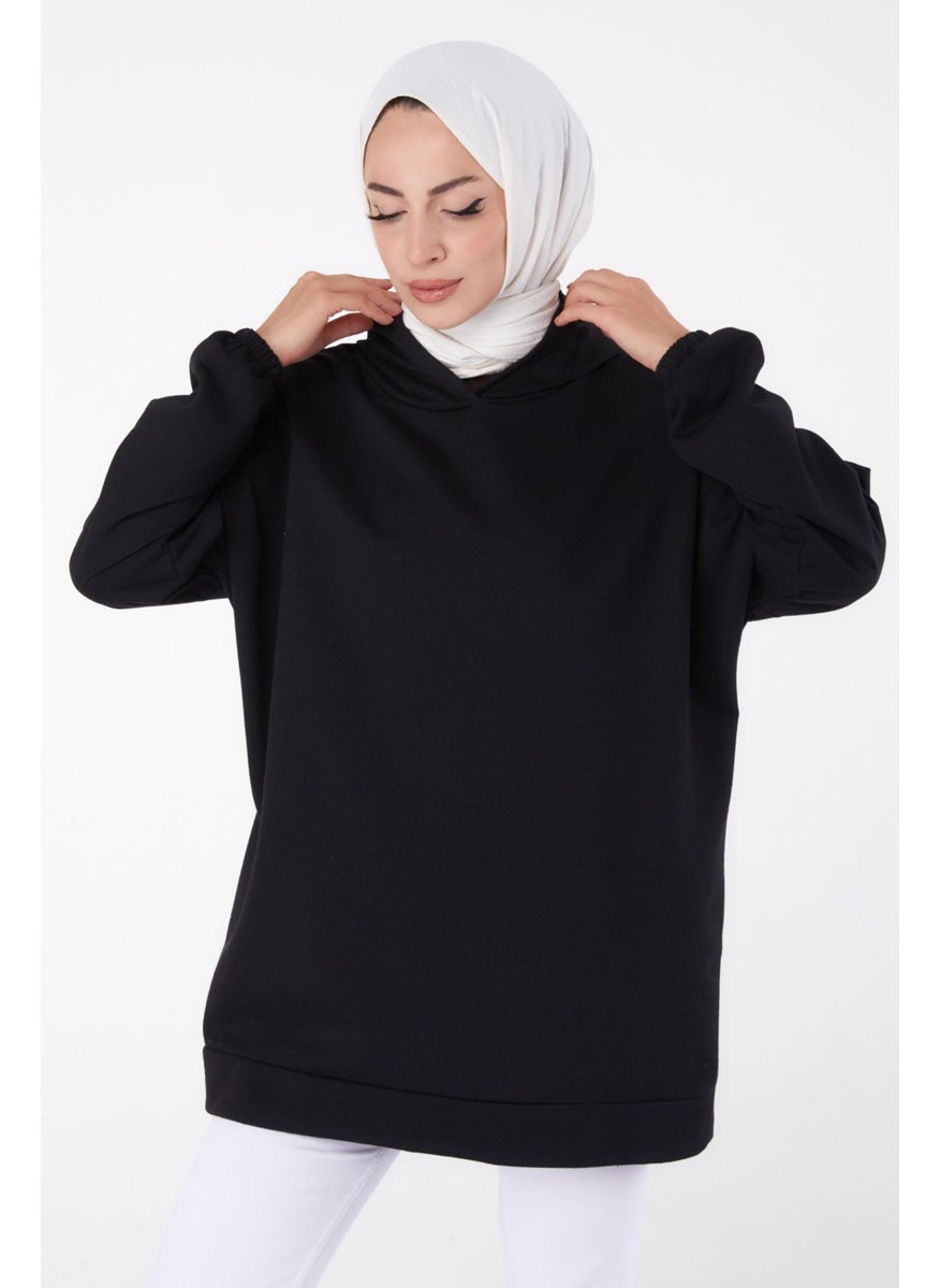 Plain Hooded Collar Women's Black Back Printed Sweatshirt - 13327