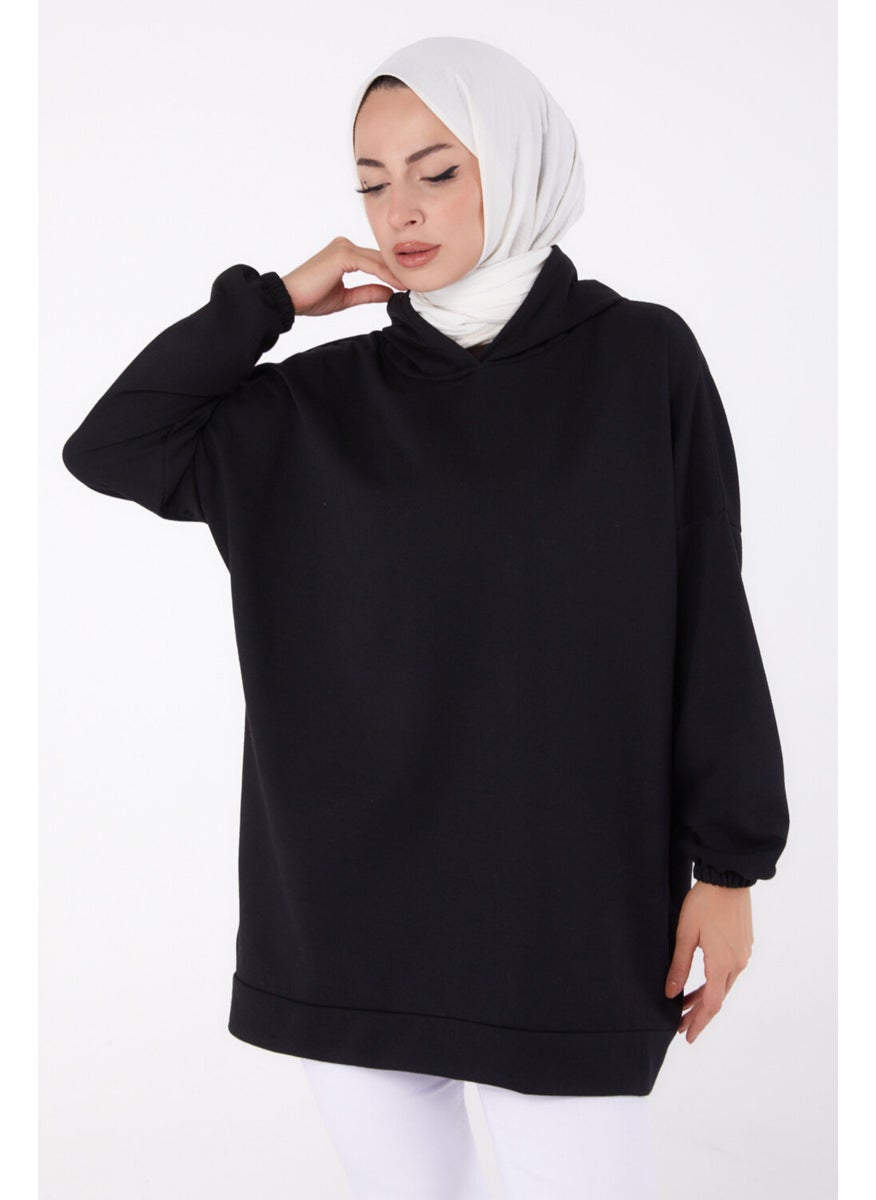 Plain Hooded Collar Women's Black Back Printed Sweatshirt - 13327