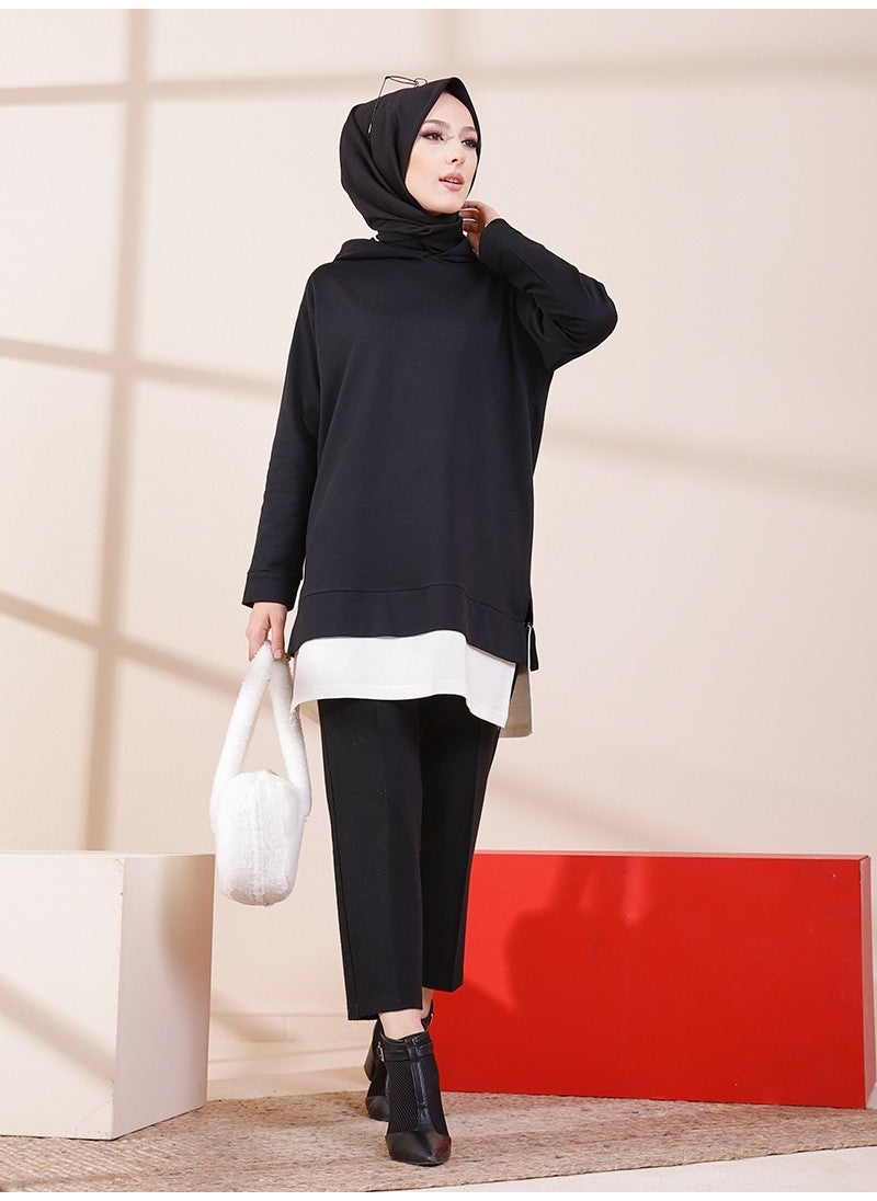 Hooded Garnished Sweatshirt - Black -