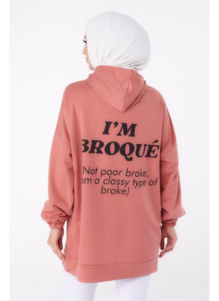 Plain Hooded Collar Women's Rose Printed Sweatshirt - 13327