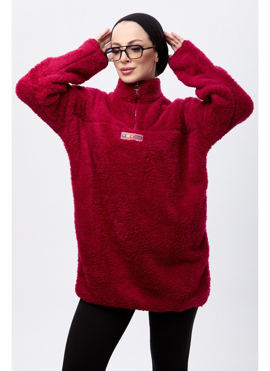 13083-CLARET Half Zipper Plush Sweatshirt