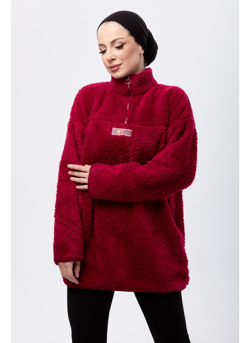 13083-CLARET Half Zipper Plush Sweatshirt