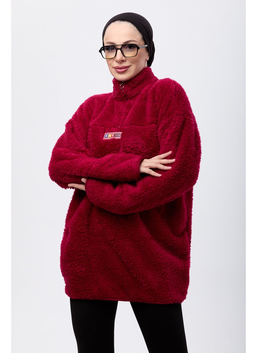 13083-CLARET Half Zipper Plush Sweatshirt