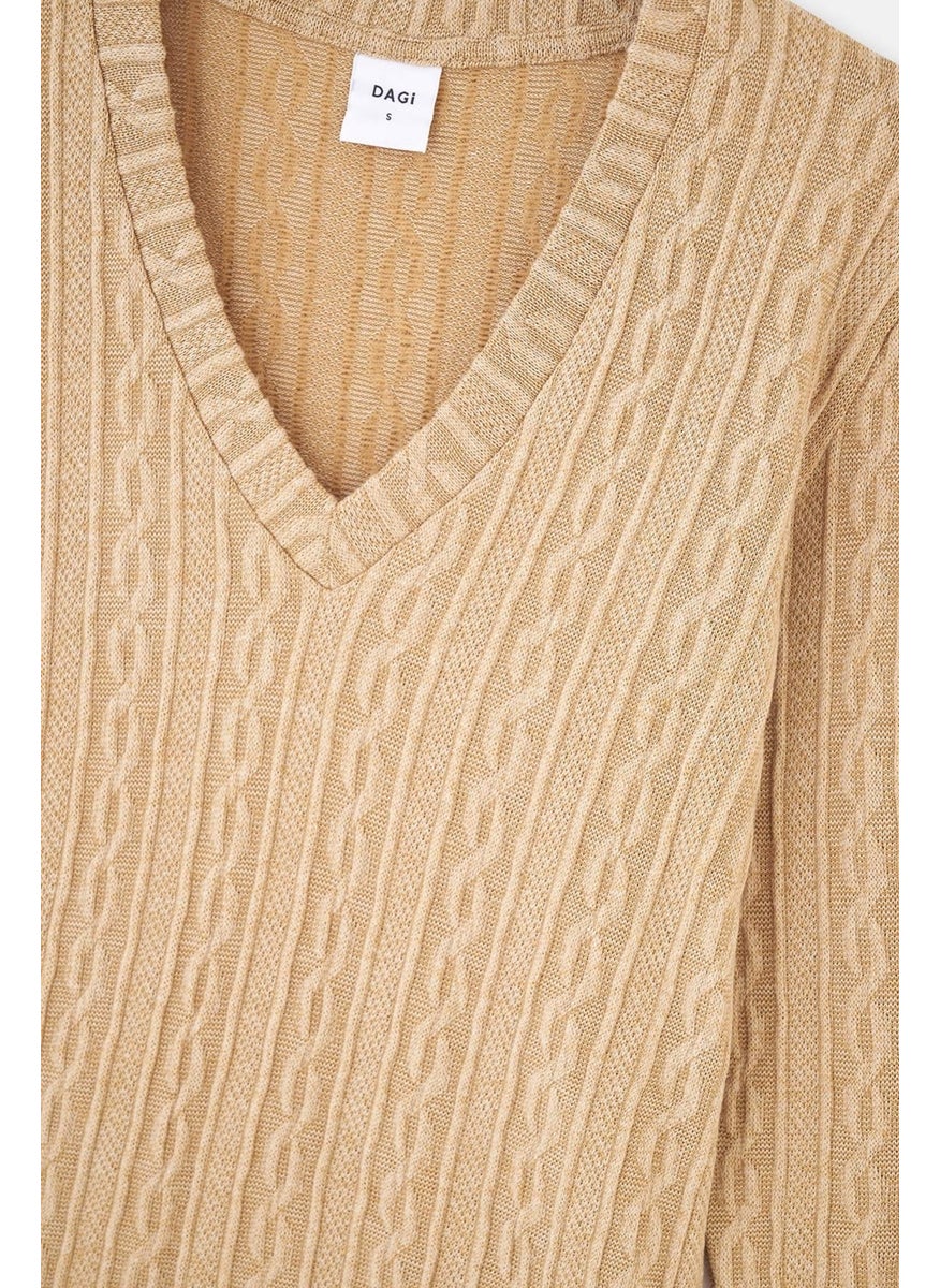 Light Brown V Neck Long Sleeve Knitted Sweater