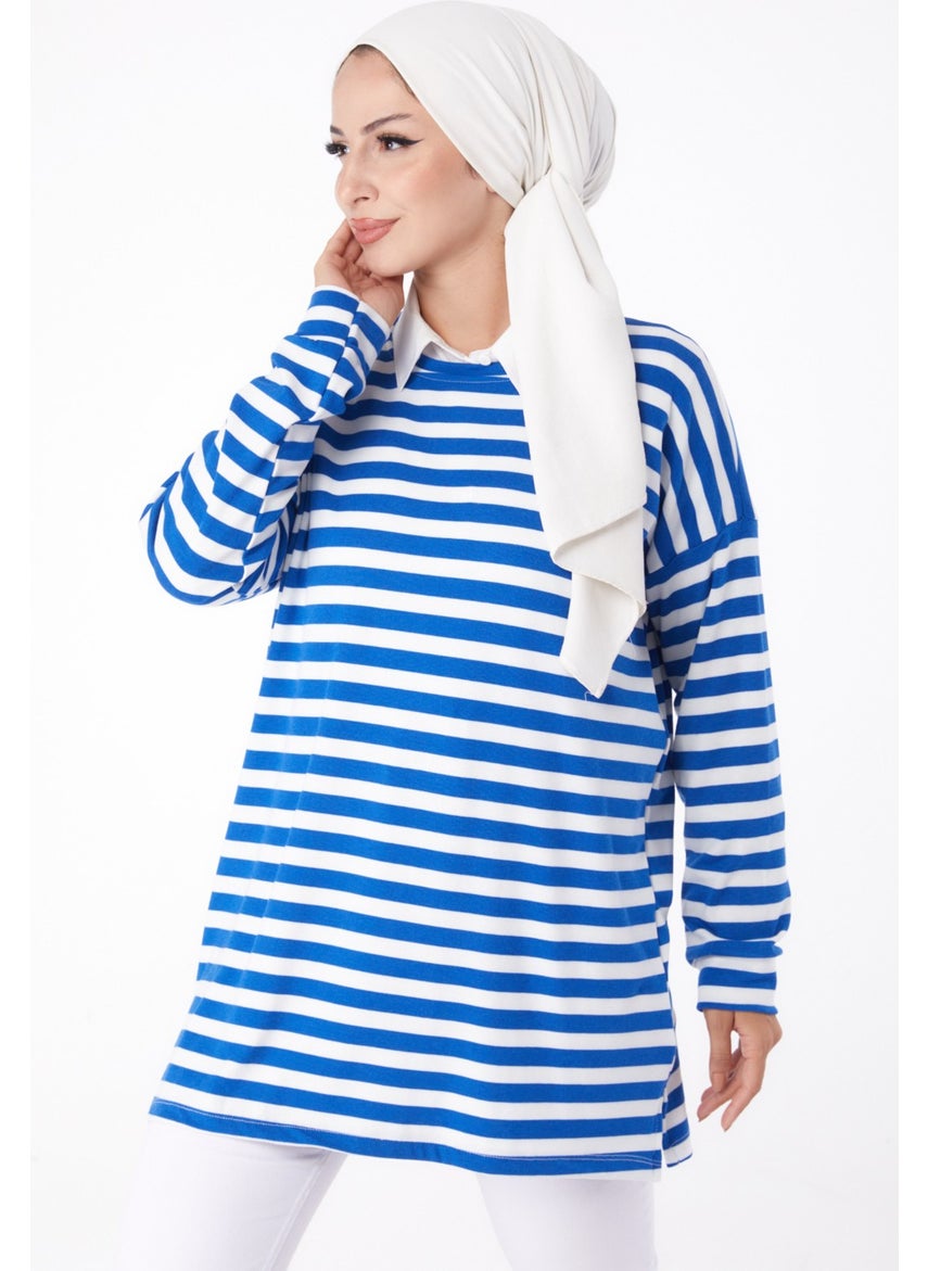 Plain Crew Neck Women's Blue Striped Sweat - 26244