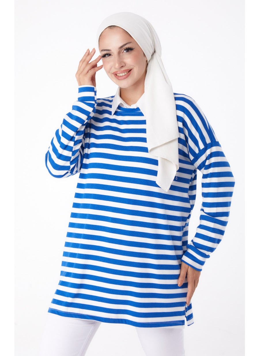 Plain Crew Neck Women's Blue Striped Sweat - 26244