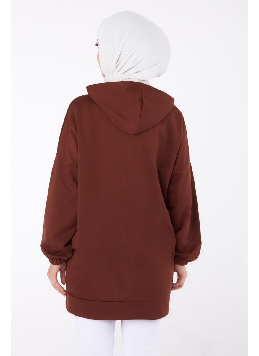 Plain Hooded Collar Women's Coffee Printed Sweatshirt - 13334