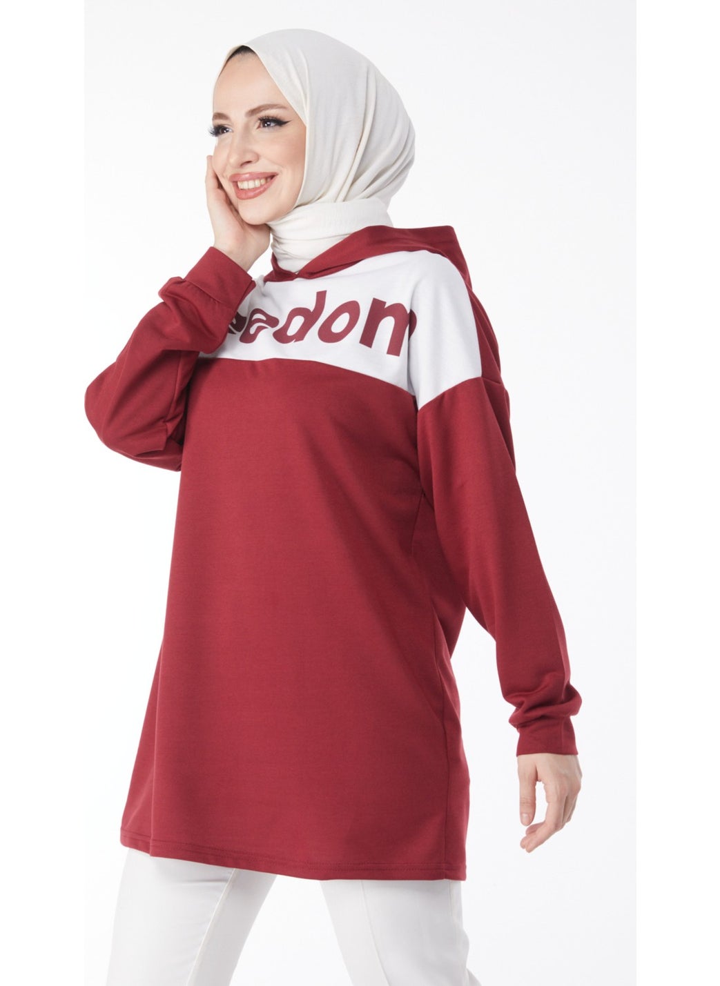 Plain Hooded Collar Women's Claret Red Printed Hooded Sweatshirt - 13134