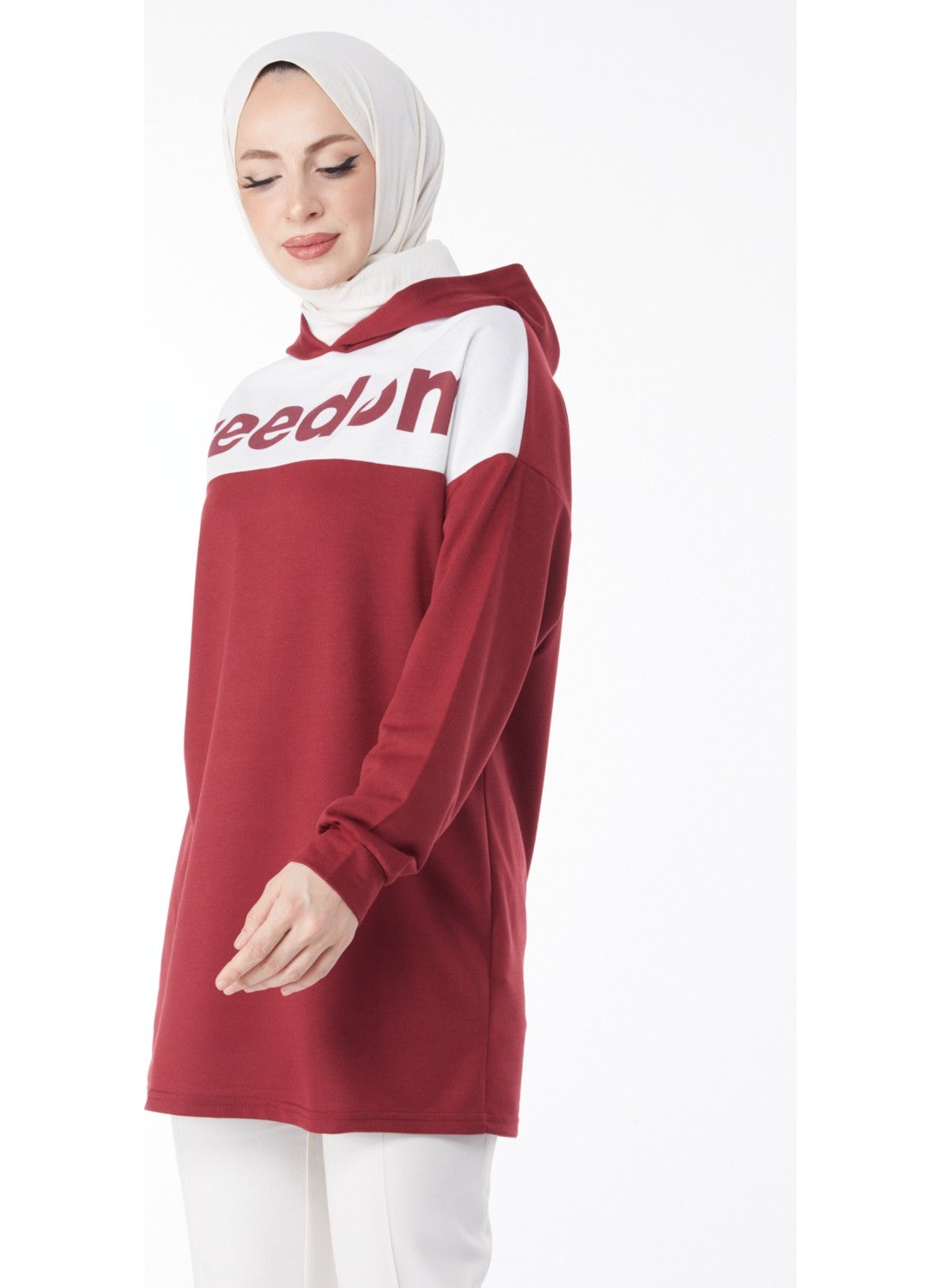 Plain Hooded Collar Women's Claret Red Printed Hooded Sweatshirt - 13134