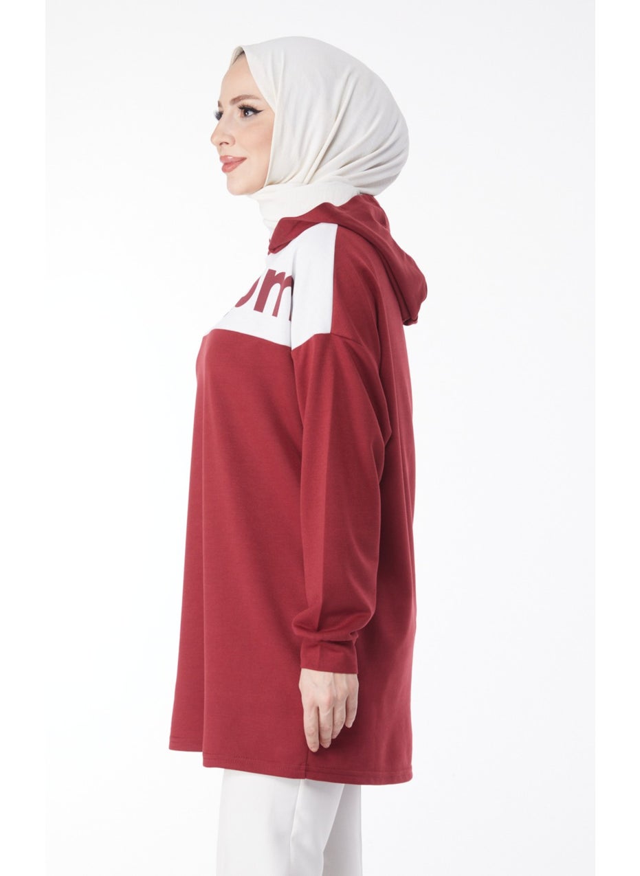 Plain Hooded Collar Women's Claret Red Printed Hooded Sweatshirt - 13134