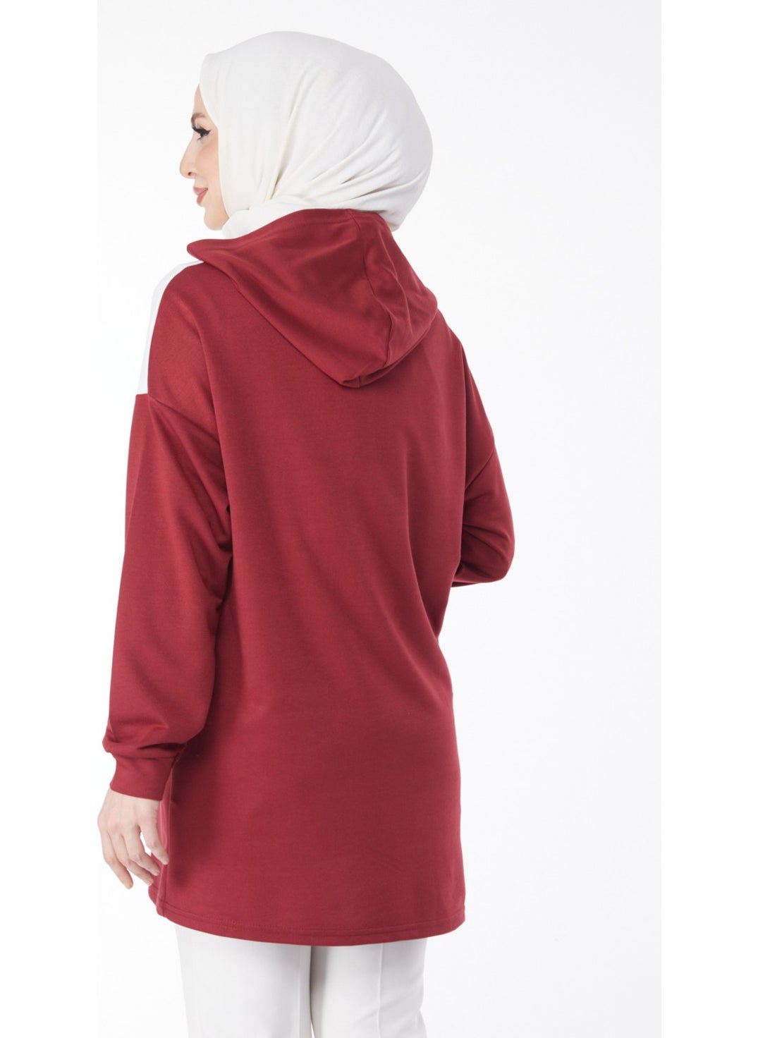 Plain Hooded Collar Women's Claret Red Printed Hooded Sweatshirt - 13134