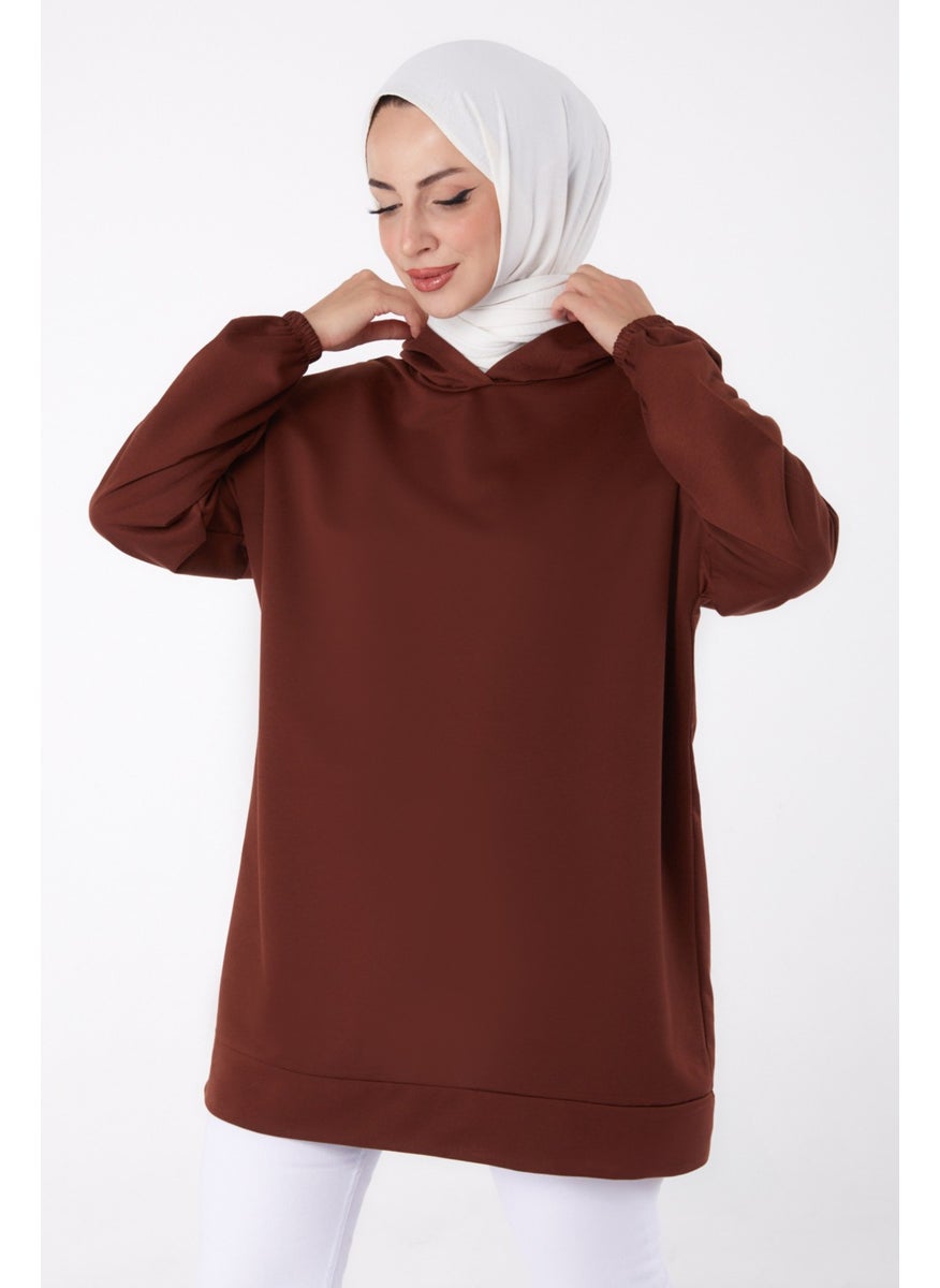 Plain Hooded Collar Women's Coffee Back Printed Sweatshirt - 13327