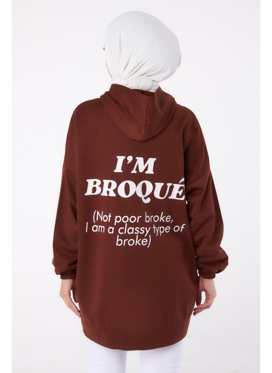 Plain Hooded Collar Women's Coffee Back Printed Sweatshirt - 13327