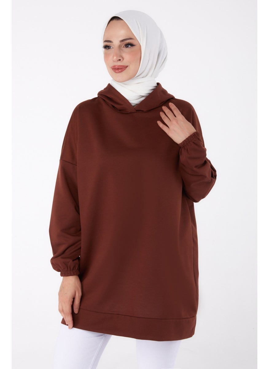 Plain Hooded Collar Women's Coffee Back Printed Sweatshirt - 13327