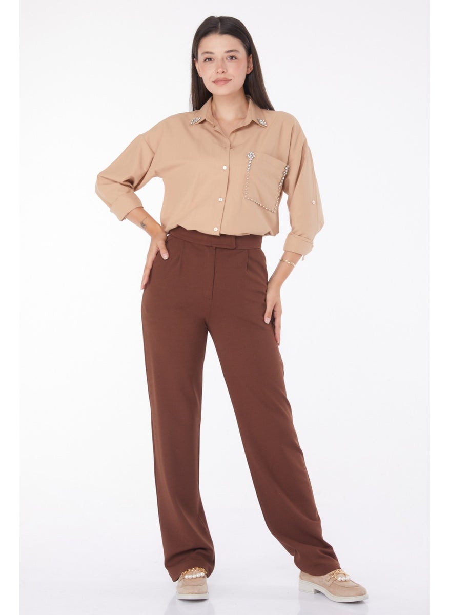 Plain Mid Women's Brown Velcro Trousers - 25657