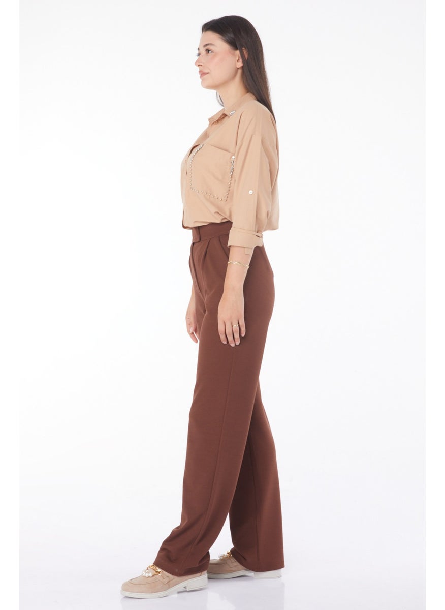 Plain Mid Women's Brown Velcro Trousers - 25657