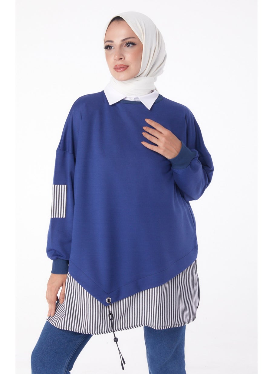 Plain Crew Neck Women's Blue Striped Sweat - 26222