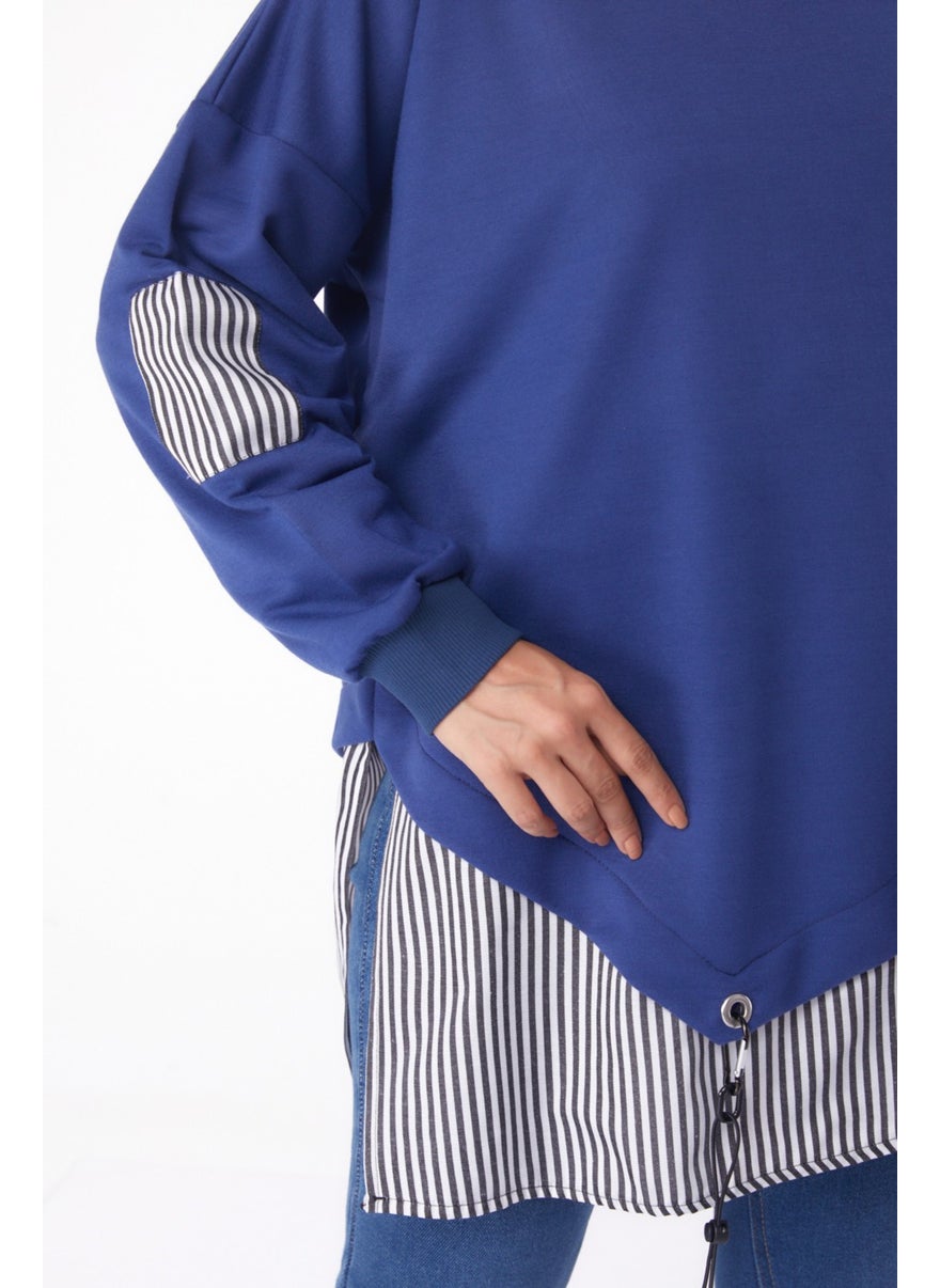 Plain Crew Neck Women's Blue Striped Sweat - 26222