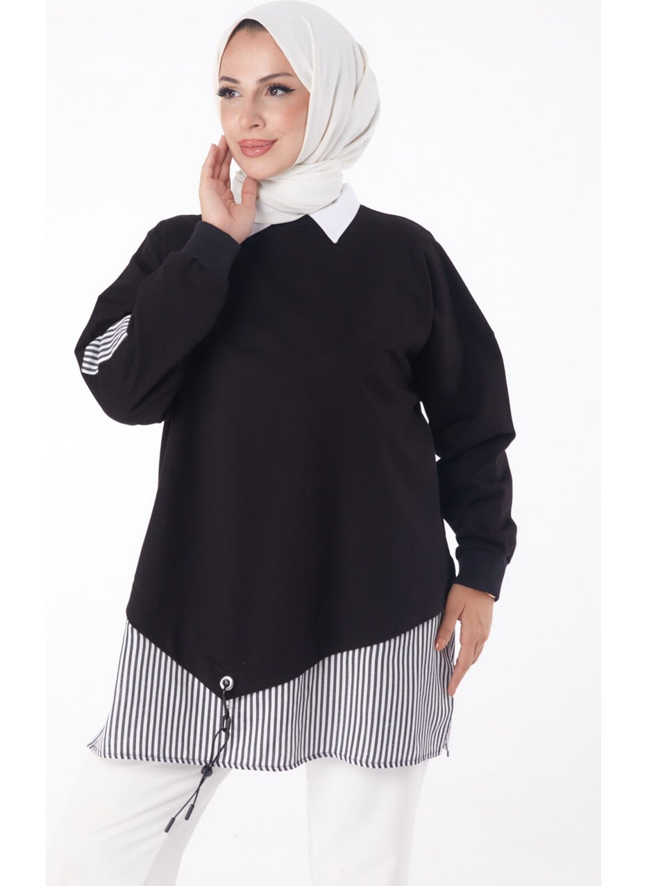 Plain Crew Neck Women's Black Striped Sweat - 26222