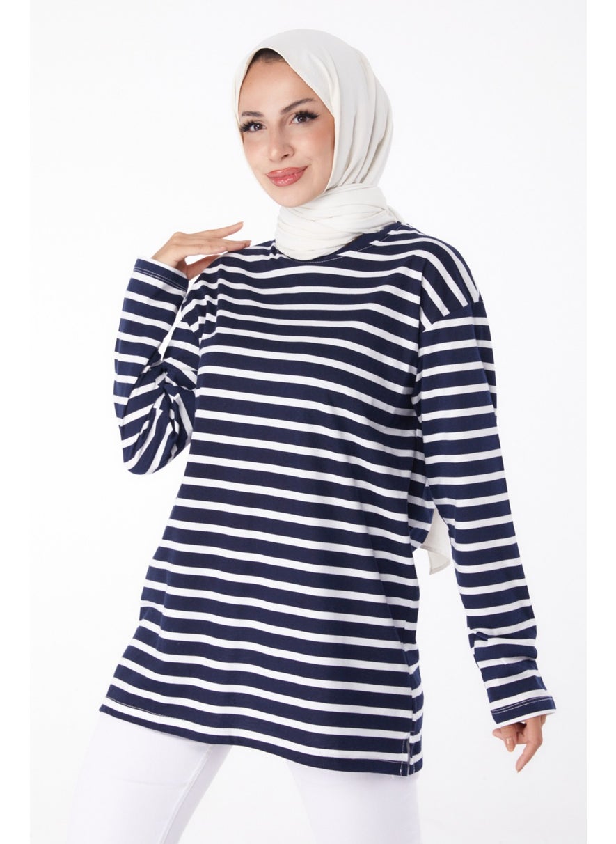 Plain Crew Neck Women's Navy Blue Striped Sweat - 26244