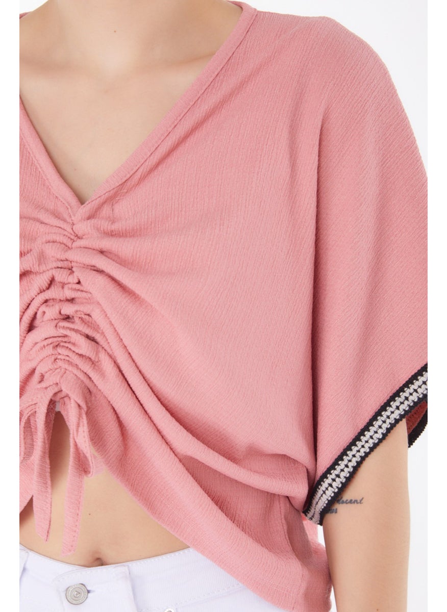 Plain Medium Women's Pink V Neck Gathered Detail Blouse - 25837