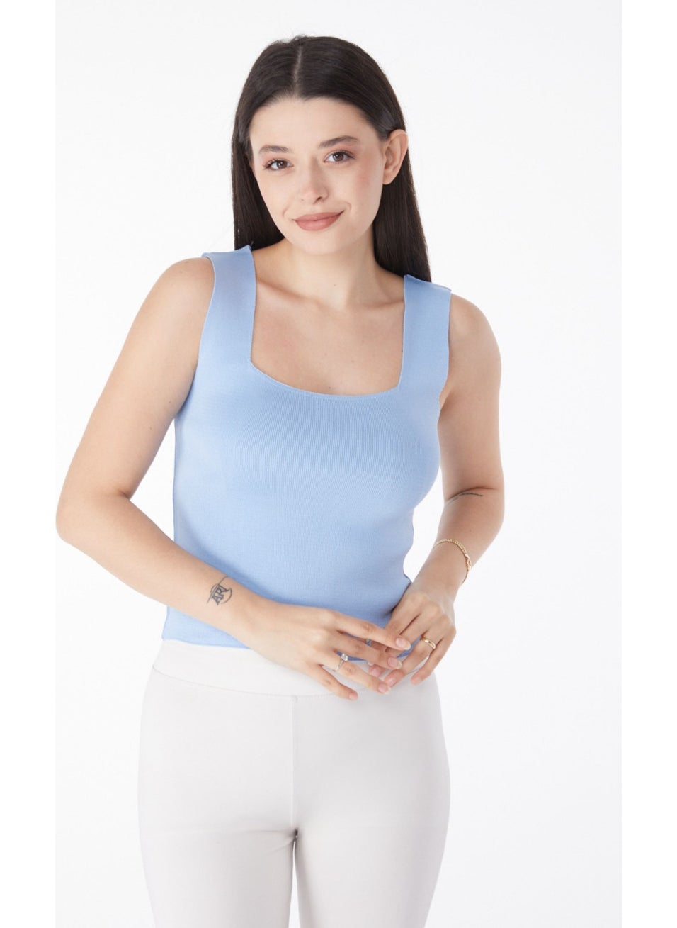 Plain Mid Women's Blue Knitted Tank Top - 25938