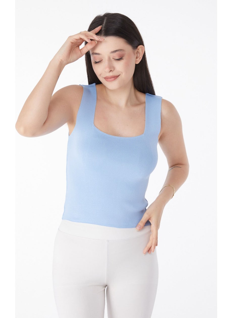 Plain Mid Women's Blue Knitted Tank Top - 25938