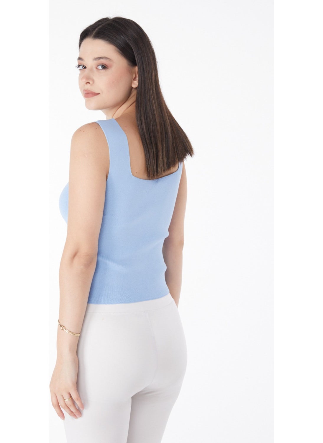 Plain Mid Women's Blue Knitted Tank Top - 25938