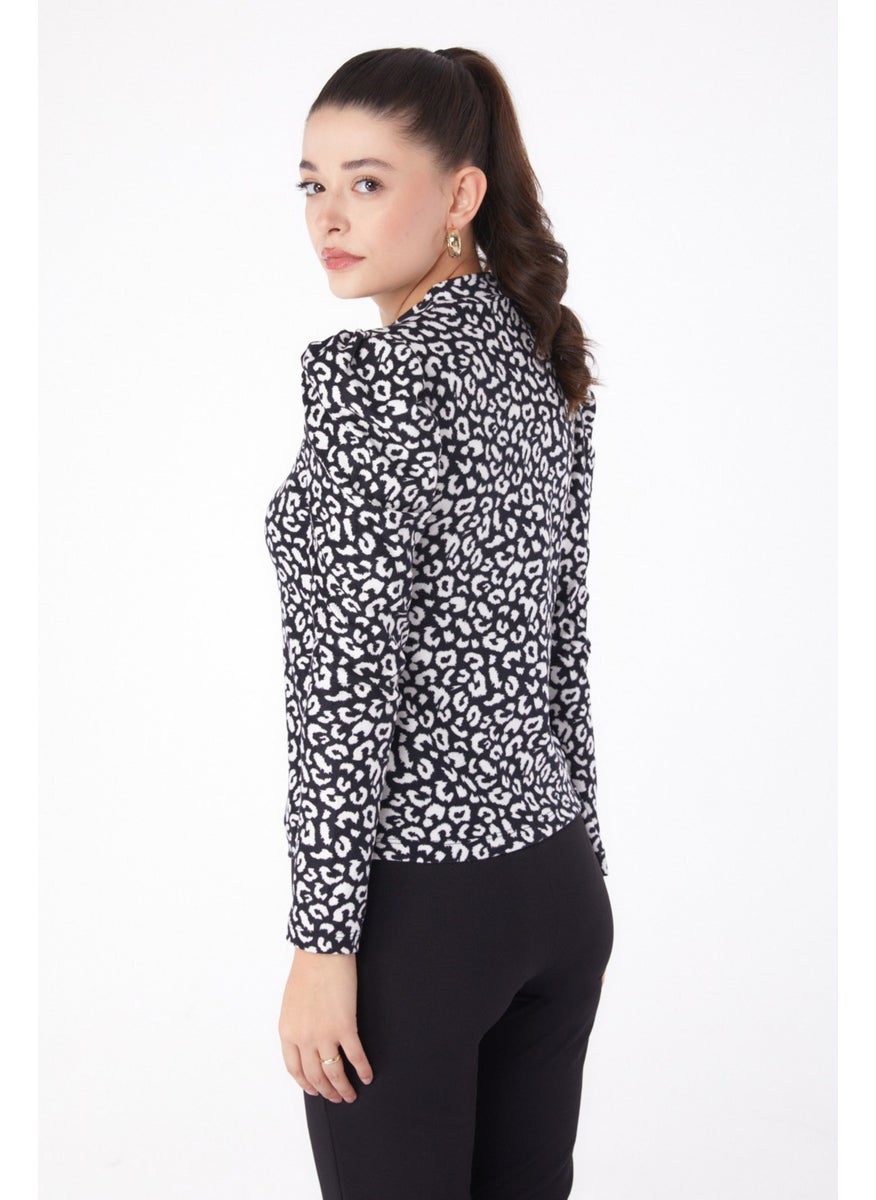 Plain Half Turtleneck Women's Black Leopard Patterned Blouse - 26217