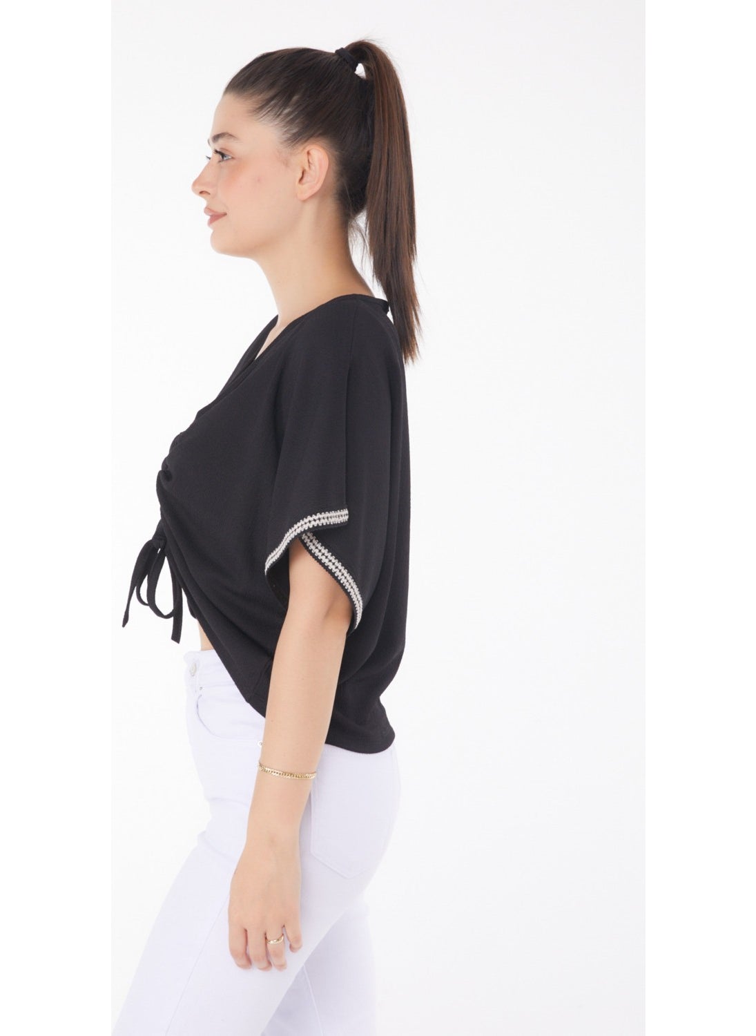 Plain Medium Women's Black V Neck Gathered Detail Blouse - 25837