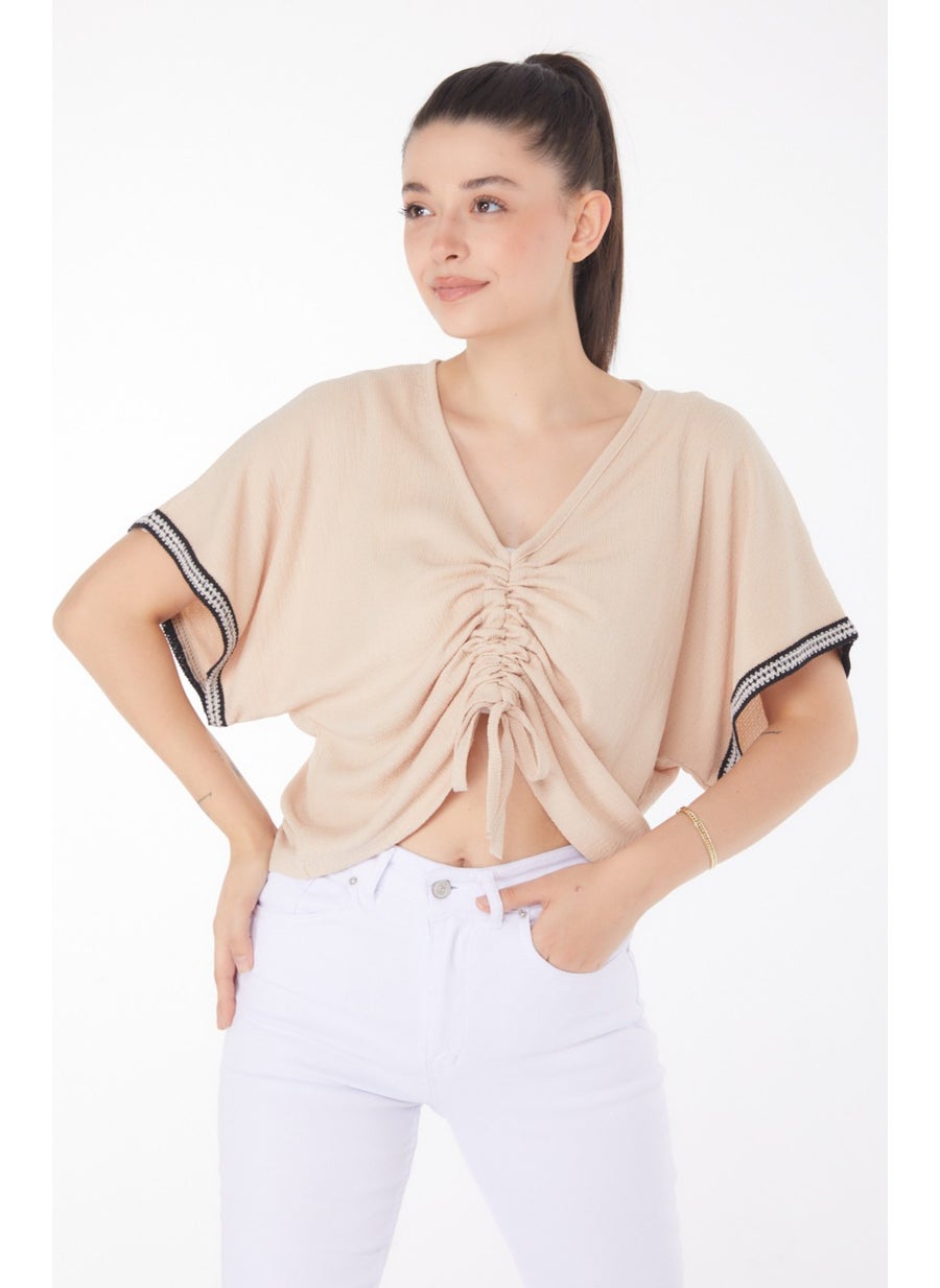 Plain Medium Women's Beige V Neck Gathered Detail Blouse - 25837