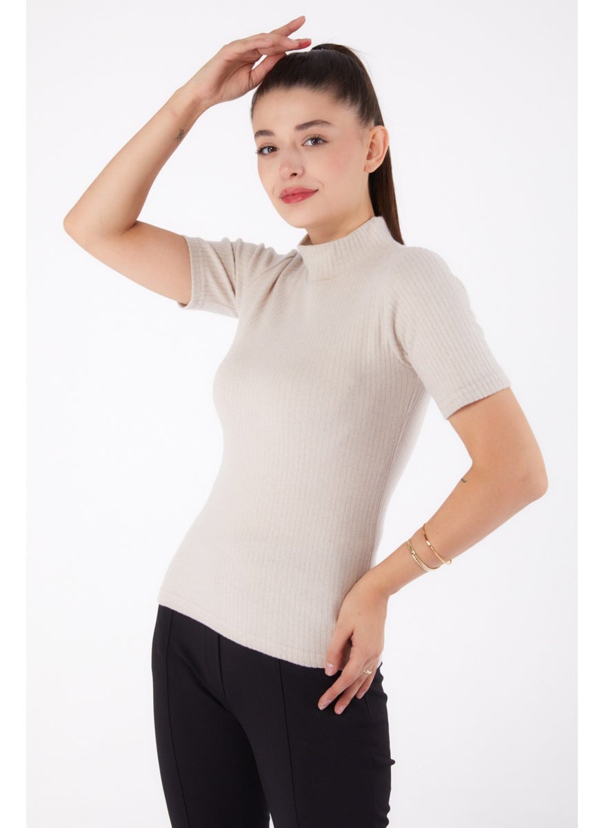 Plain Half Turtleneck Women's Beige Short Sleeve Blouse - 26315