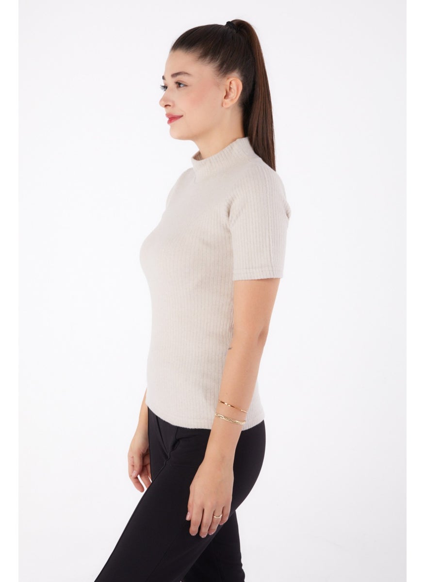 Plain Half Turtleneck Women's Beige Short Sleeve Blouse - 26315