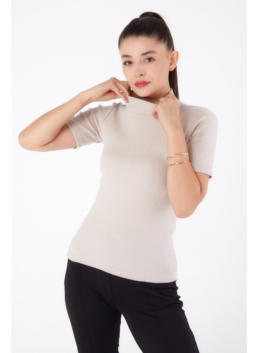 Plain Half Turtleneck Women's Beige Short Sleeve Blouse - 26315