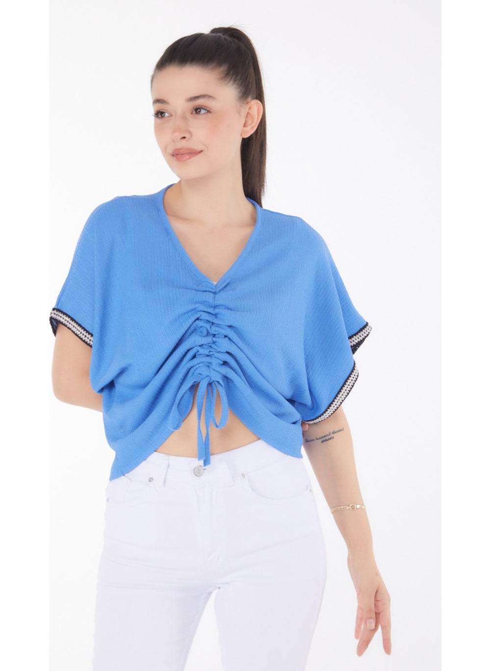 Plain Medium Women's Blue V Neck Gathered Detail Blouse - 25837