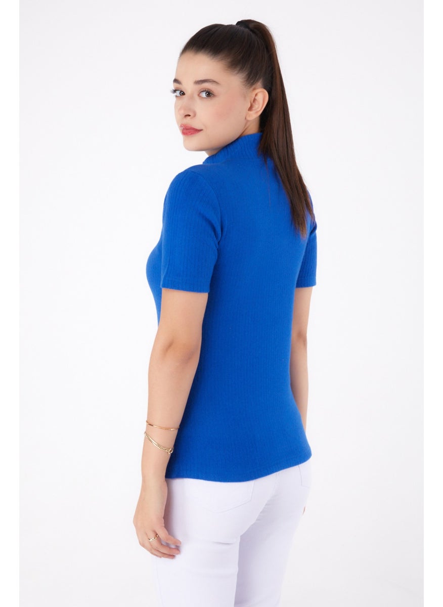 Plain Half Turtleneck Women's Saxe Short Sleeve Blouse - 26315