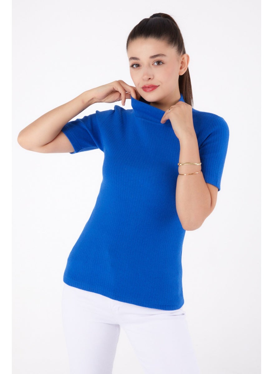 Plain Half Turtleneck Women's Saxe Short Sleeve Blouse - 26315