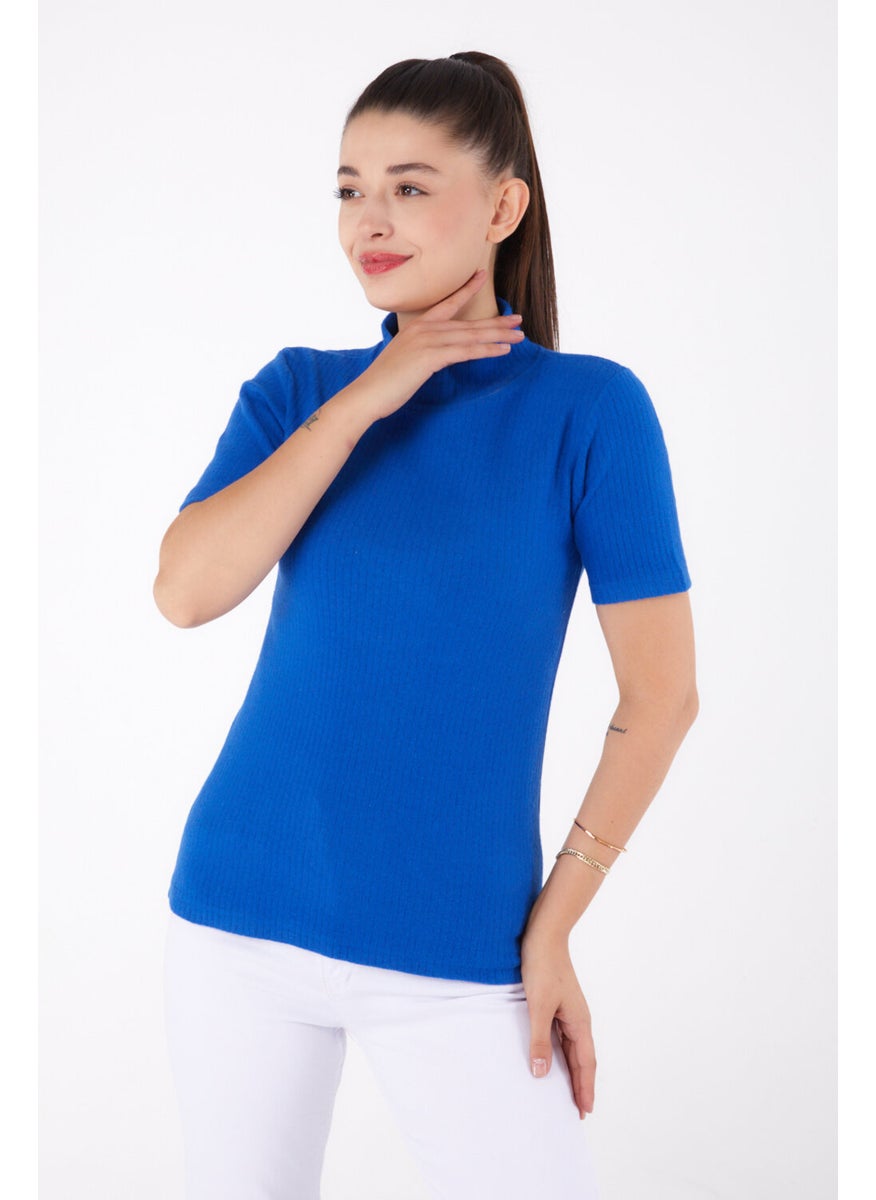 Plain Half Turtleneck Women's Saxe Short Sleeve Blouse - 26315