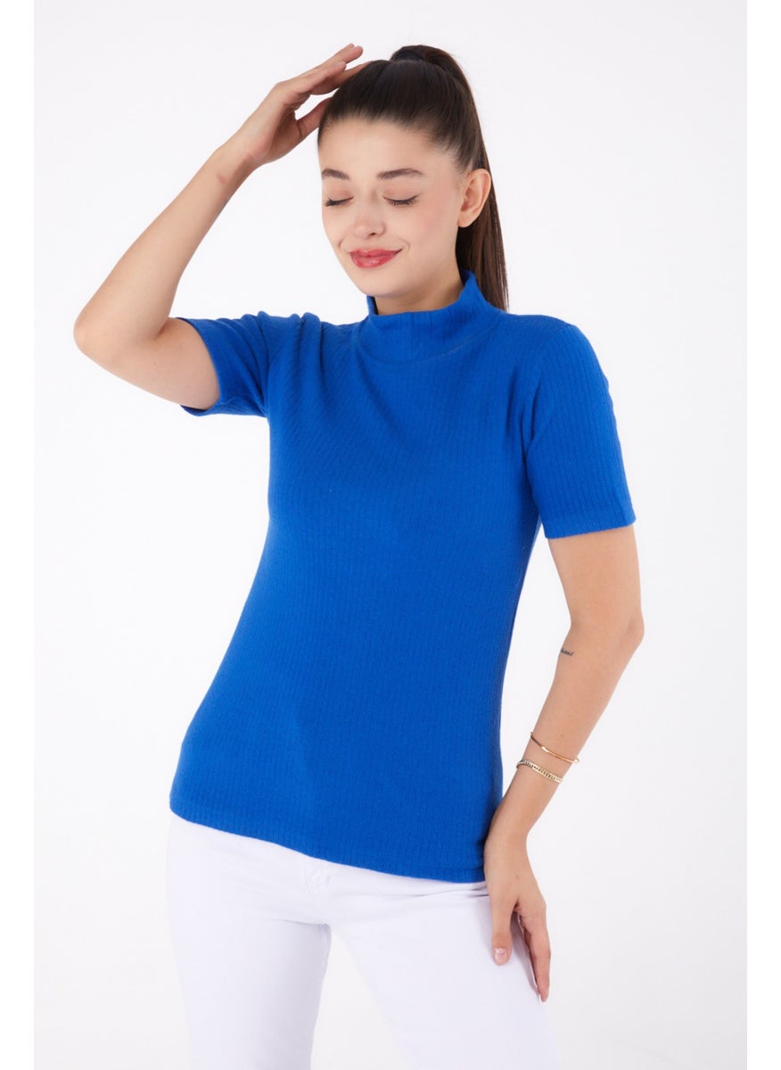 Plain Half Turtleneck Women's Saxe Short Sleeve Blouse - 26315