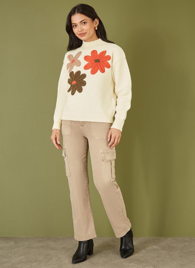 Knitted High Neck Jumper With Applique Flowers