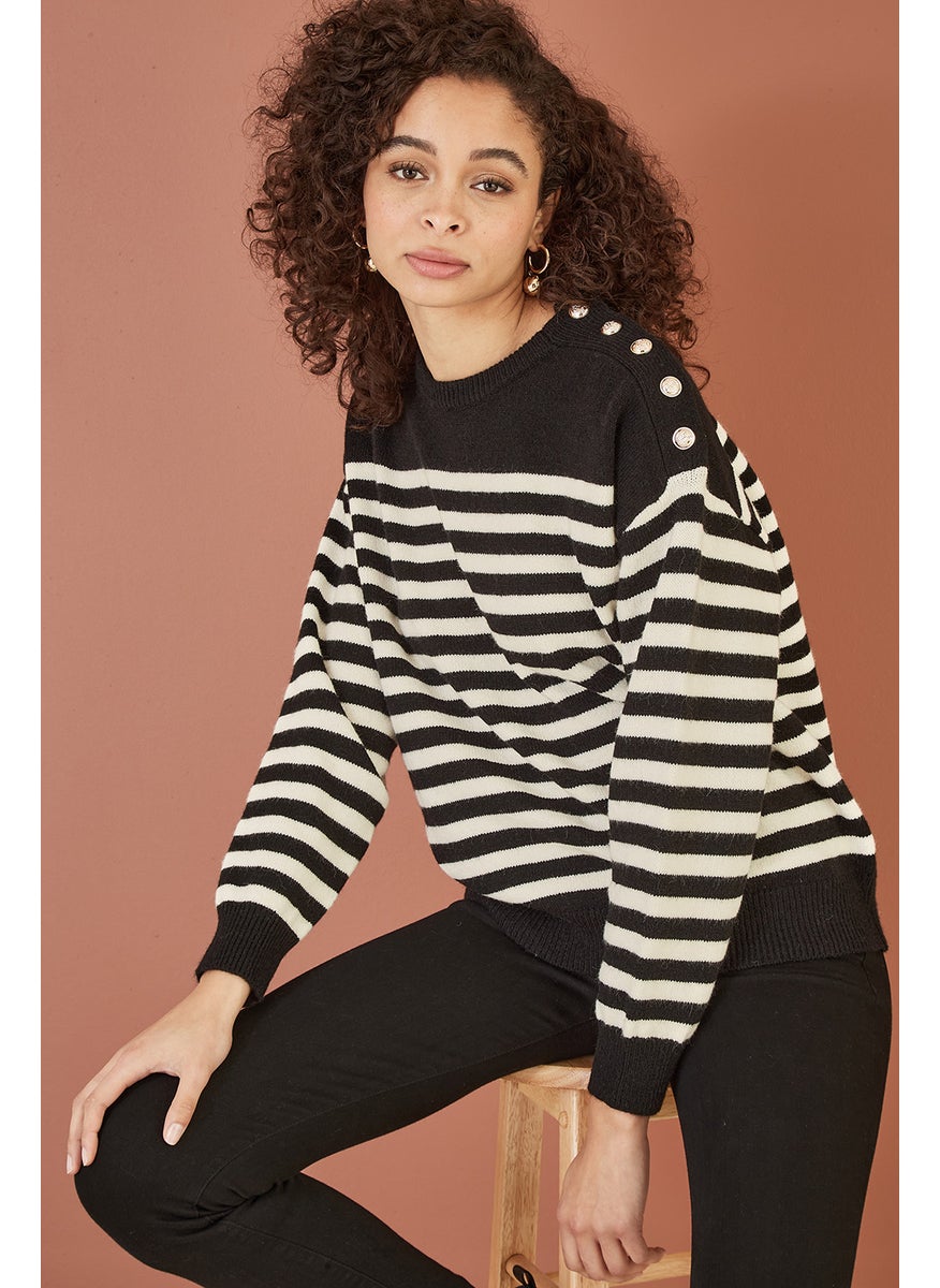 Stripe Knitted Relaxed Jumper With Button Details