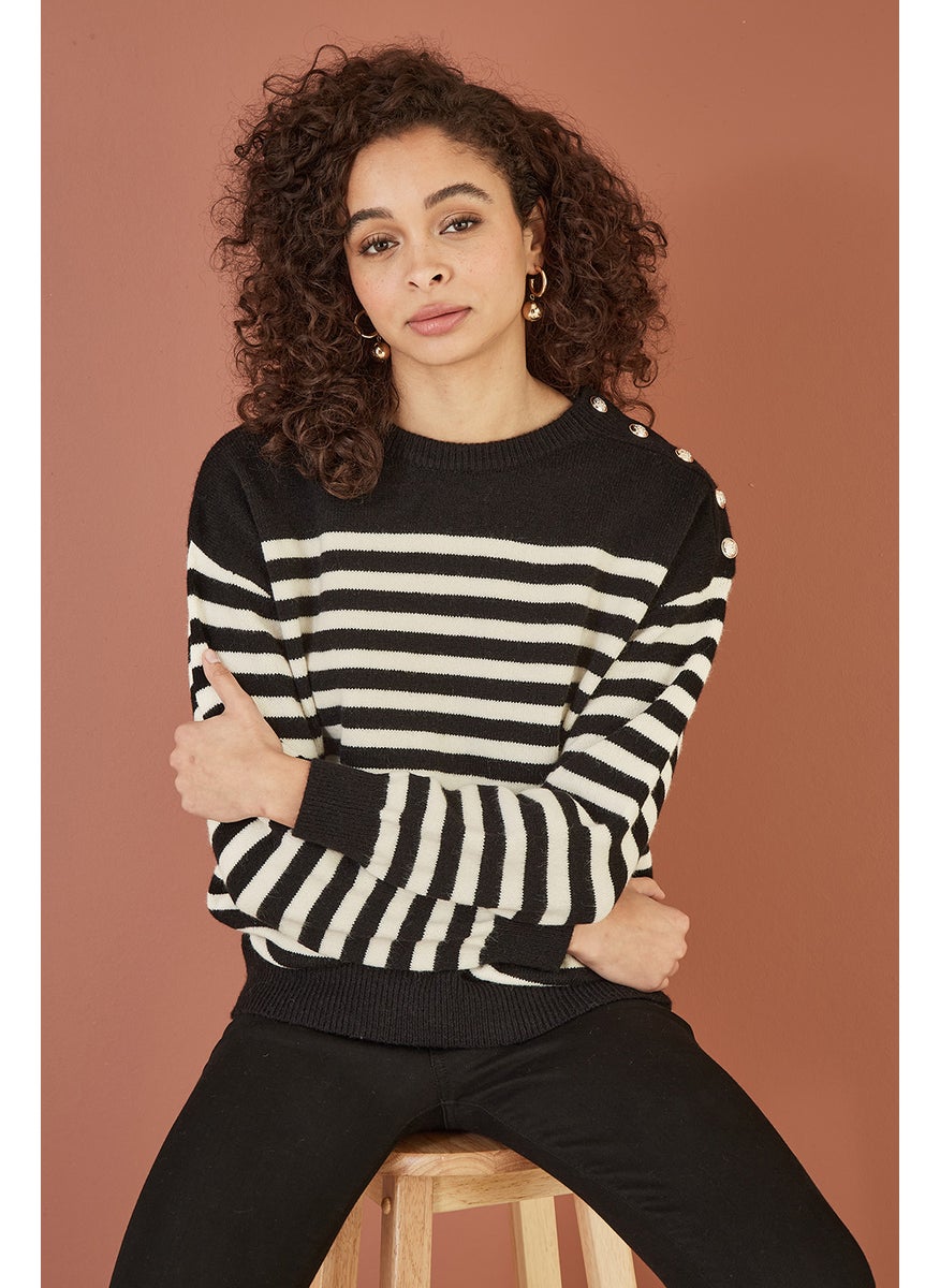 Stripe Knitted Relaxed Jumper With Button Details