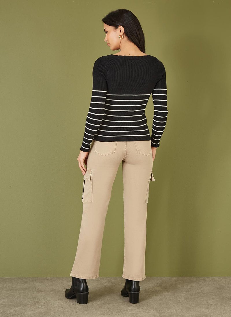 Stripe Rib Knitted Long Sleeve Top With Button Details