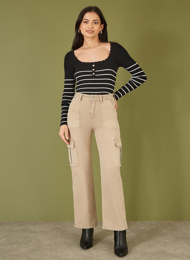 Stripe Rib Knitted Long Sleeve Top With Button Details