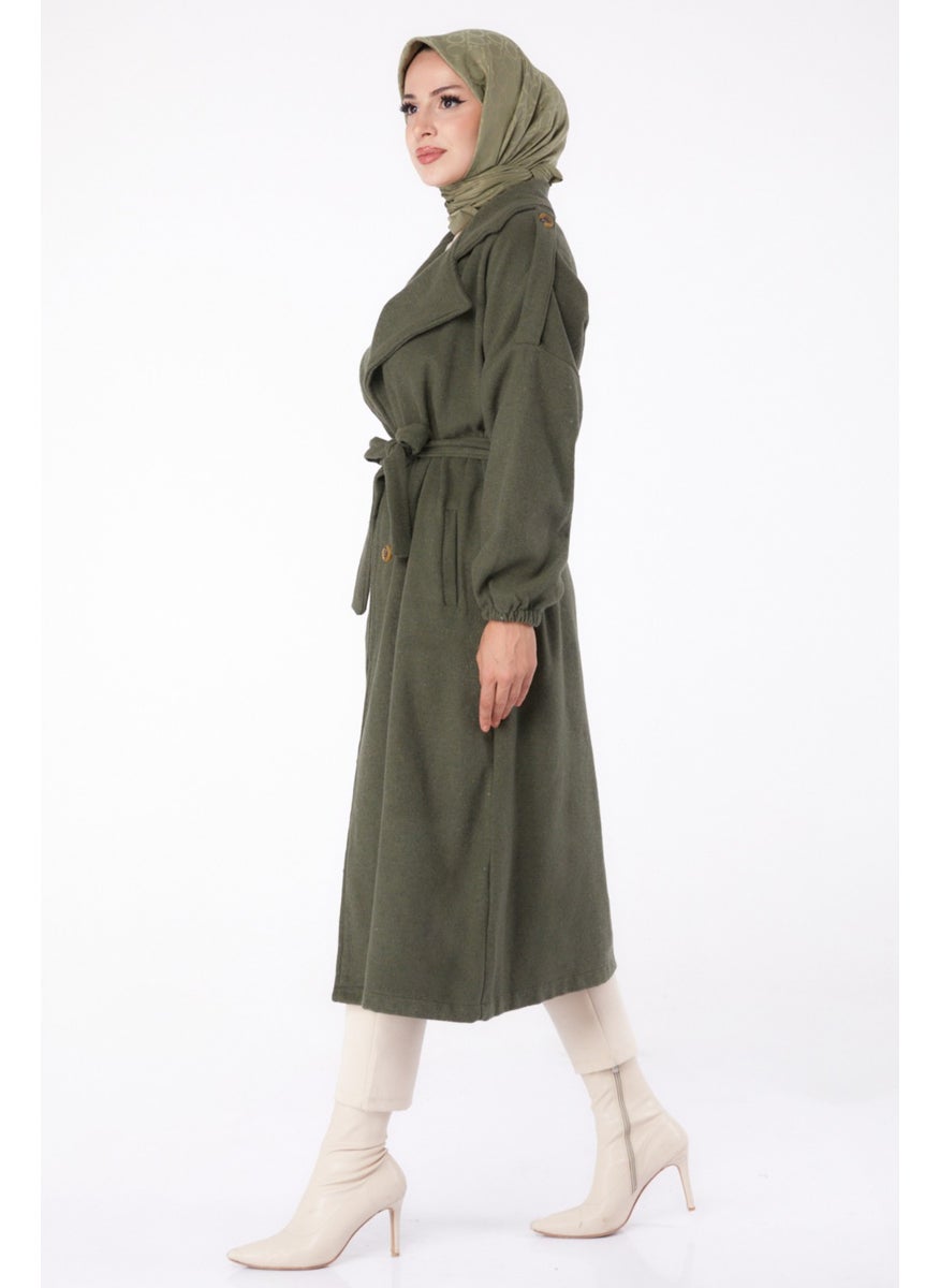 Plain Double Breasted Women's Khaki Cashmere Coat - 13288