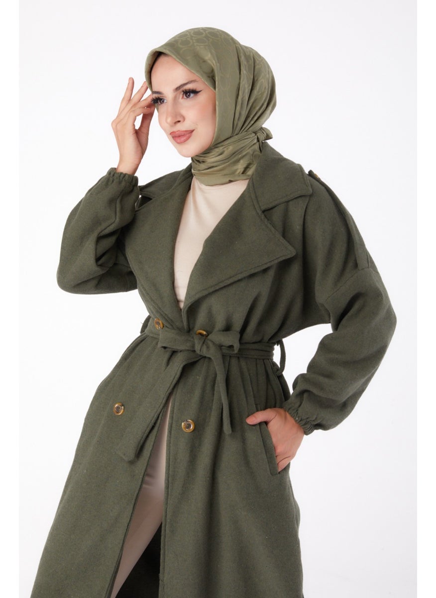 Plain Double Breasted Women's Khaki Cashmere Coat - 13288