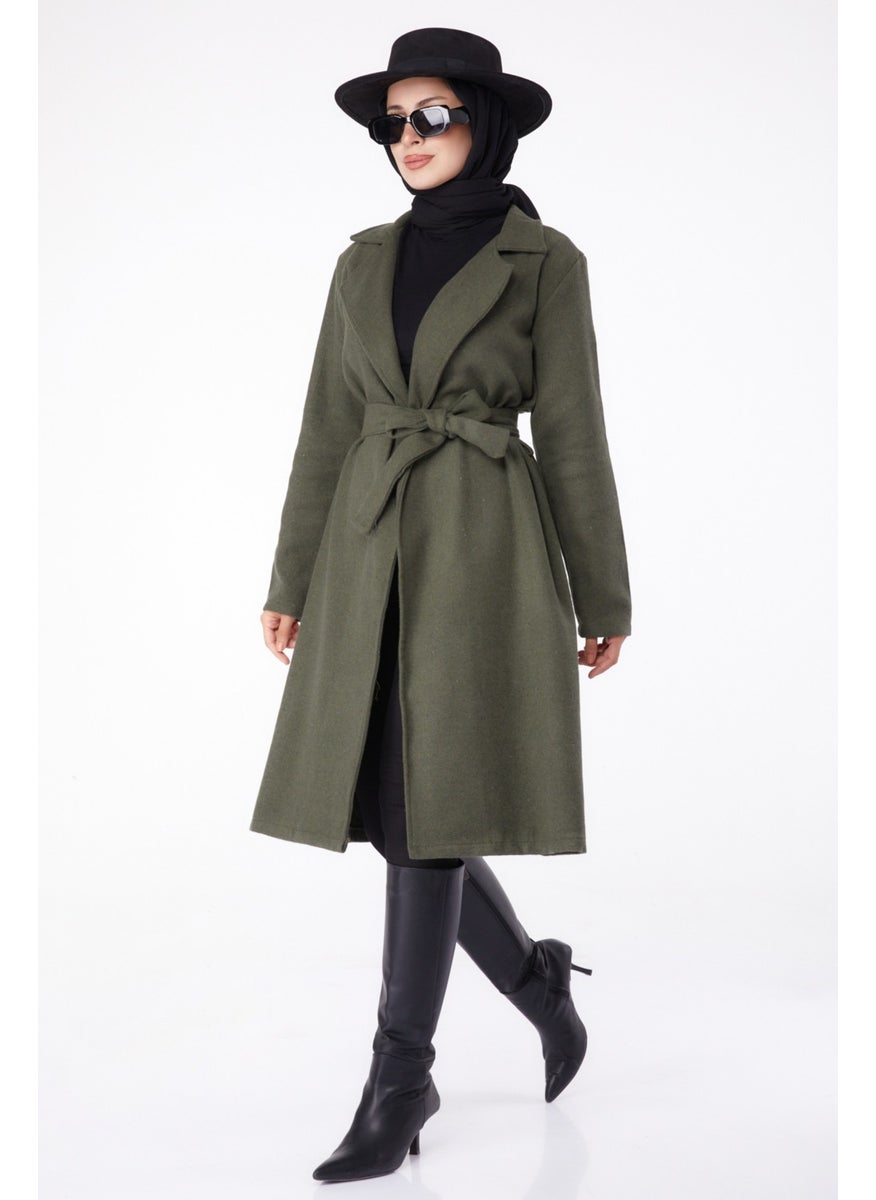 Plain Double Breasted Women's Khaki Cashmere Coat - 13287