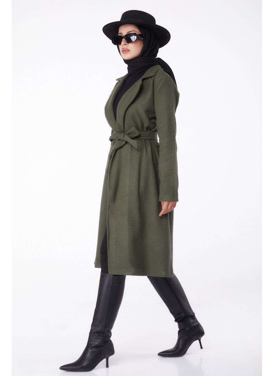 Plain Double Breasted Women's Khaki Cashmere Coat - 13287